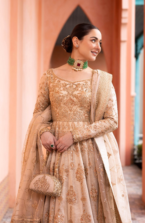 Hania Aamir’s Gold Embroidered Anarkali Pakistani Suit